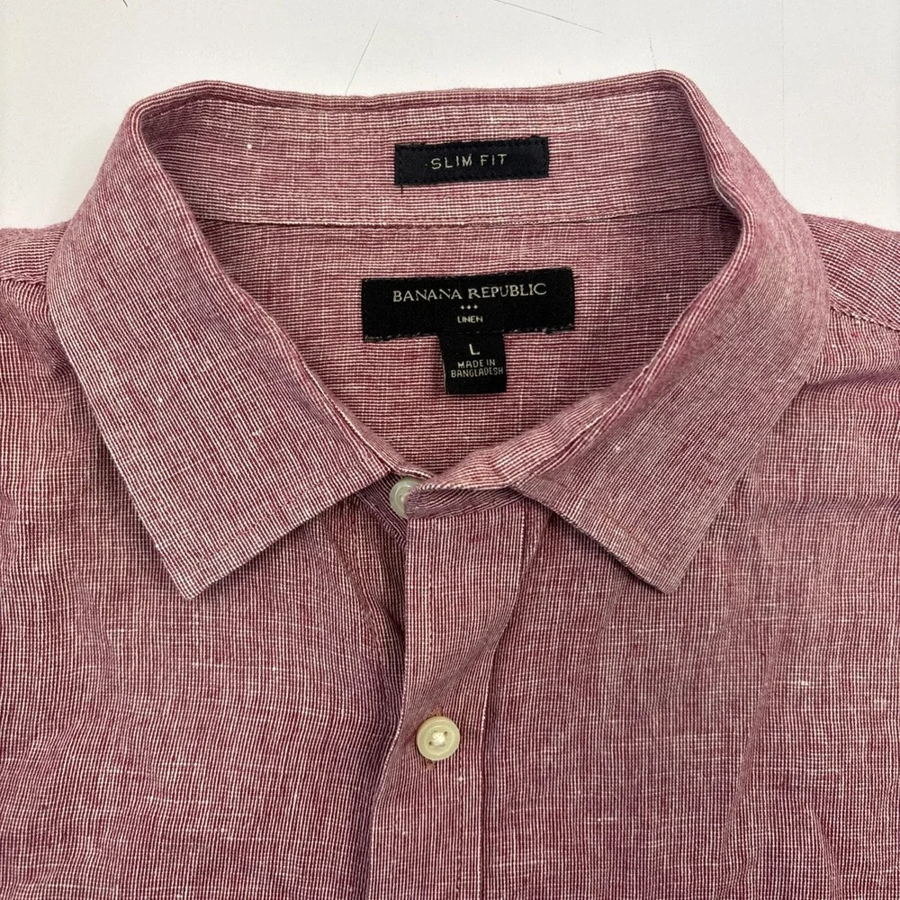Banana Republic Men's 100% Linen Shirt Large Red Burgundy Slim‎ Fit Long Sleeve